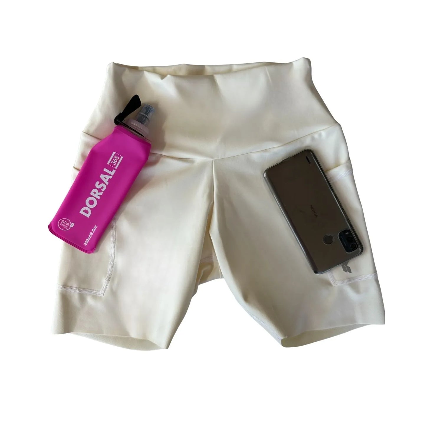 Calzas Running Cortas Con 3 Bolsillos Mujer - Beige